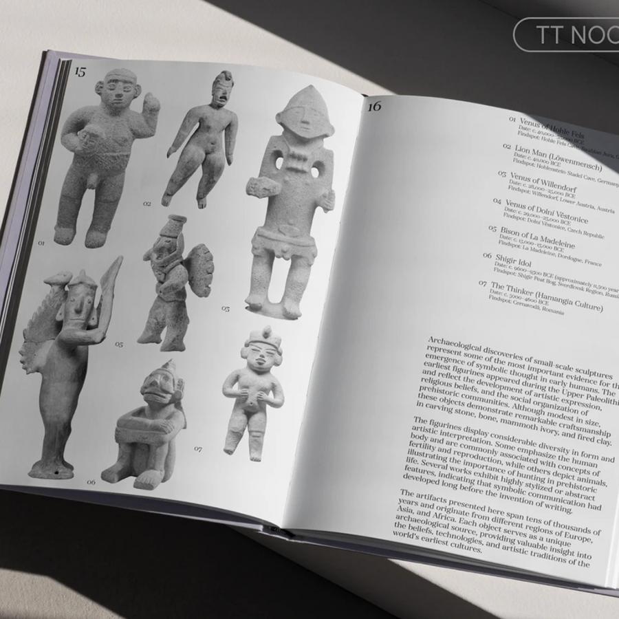 Printed exhibition catalog book spread featuring TT Nooks Serif typography design in natural light