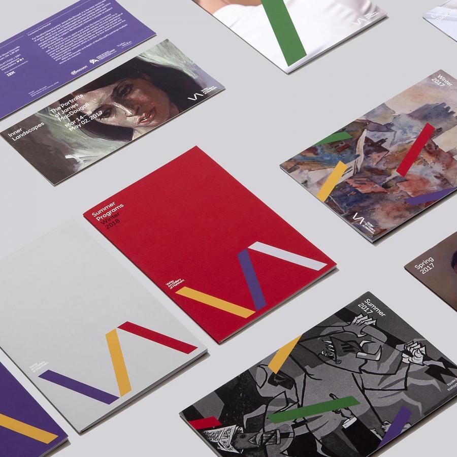 Varley Art Gallery branding and design system overview in a stationery flat lay of seasonal print collateral, color palette, logo wordmark, and typography by Underline Studio