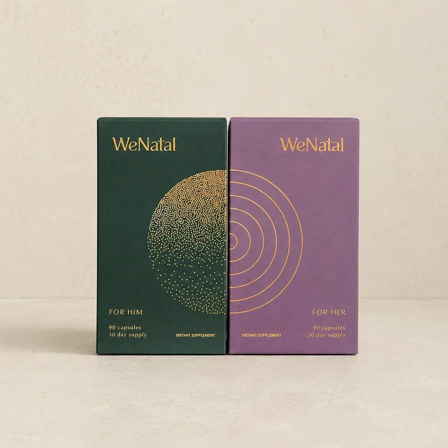Six-panel color palette grid presenting the serif WeNatal wordmark across mint, maroon, yellow, terracotta, lavender, and forest green