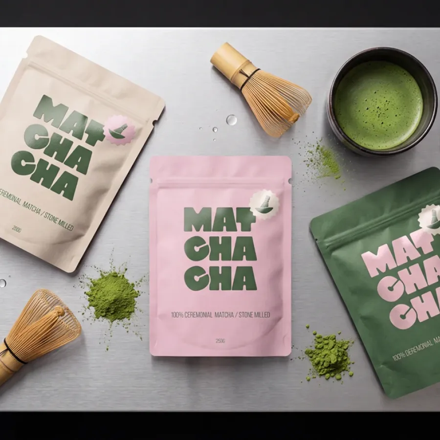 Matchacha branding tea pouches packaging flat lay by Yuliya Kuznetsova