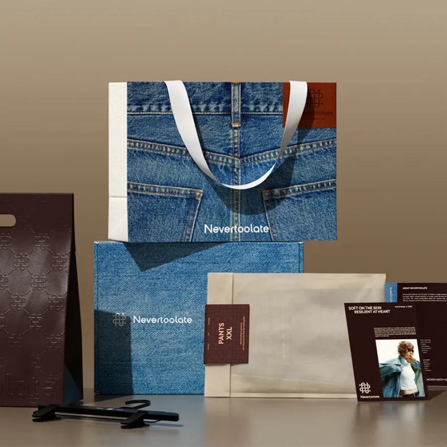 NevertoolateApparel hero packaging mockup branding