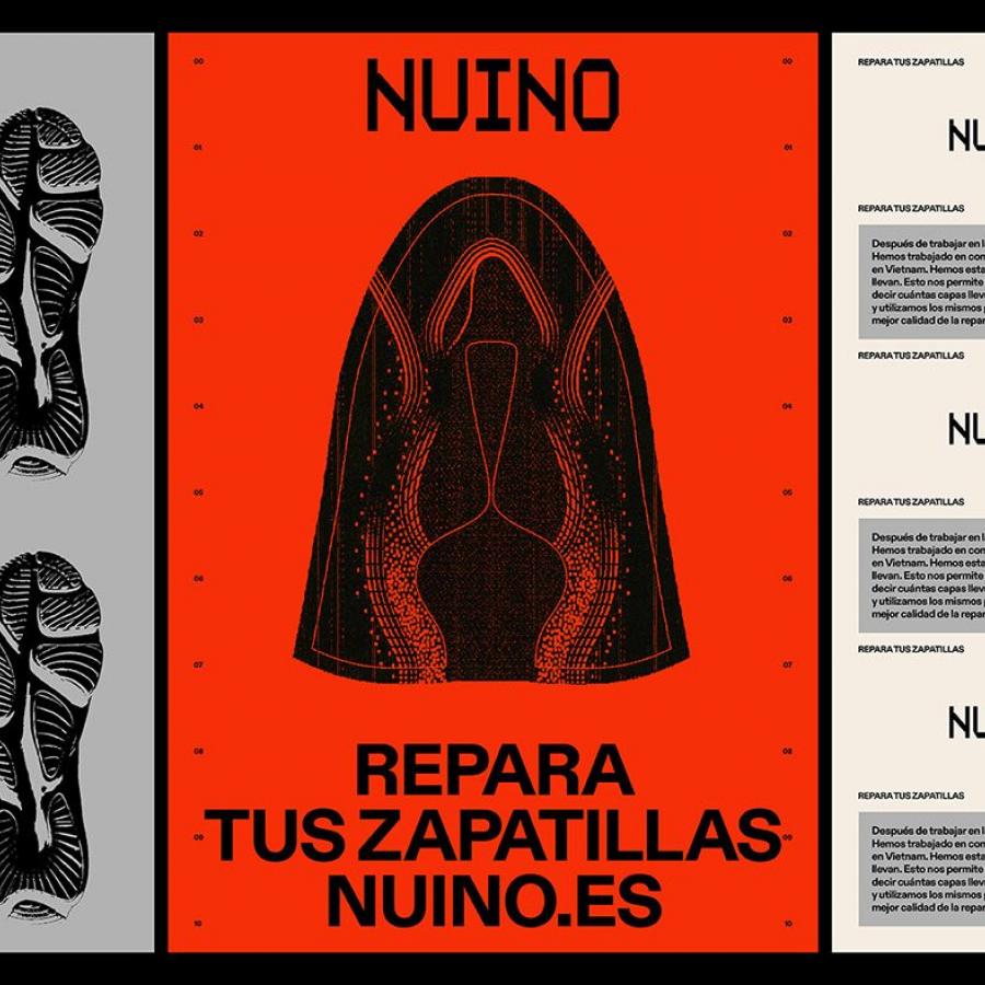 NUINO footwear repair branding 3-panel poster grid by Plural Branding Studio and Álex López