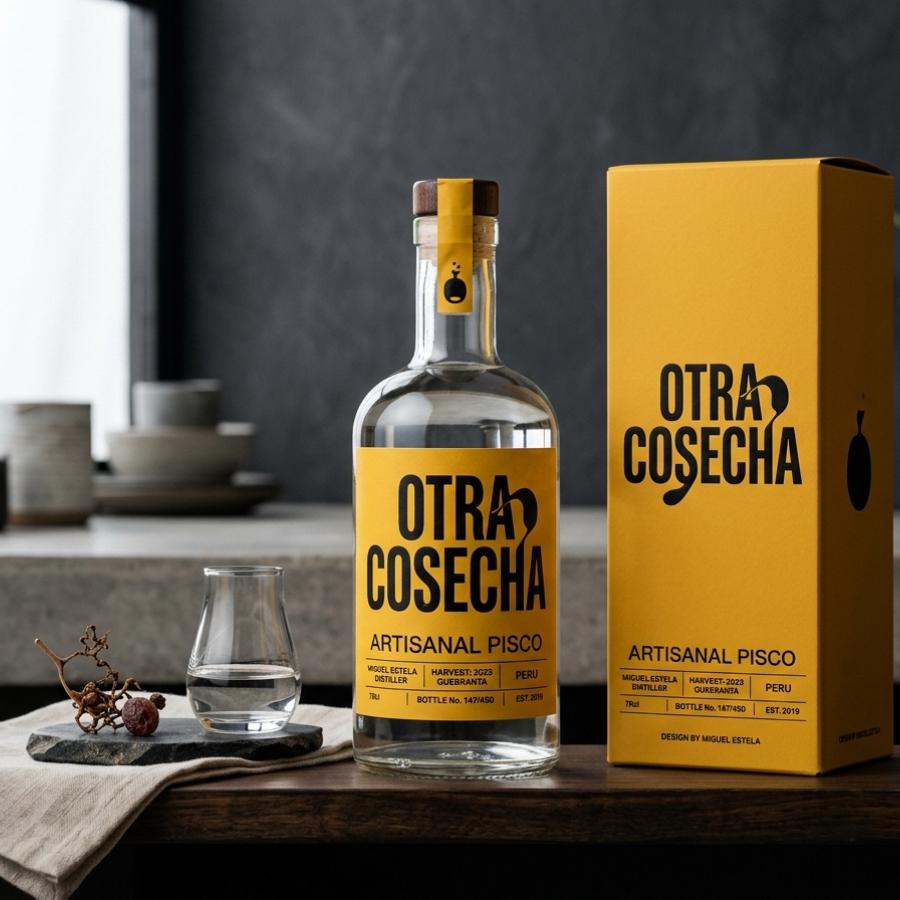 Minimalist pisco branding design mockup featuring mustard yellow label and black lettering