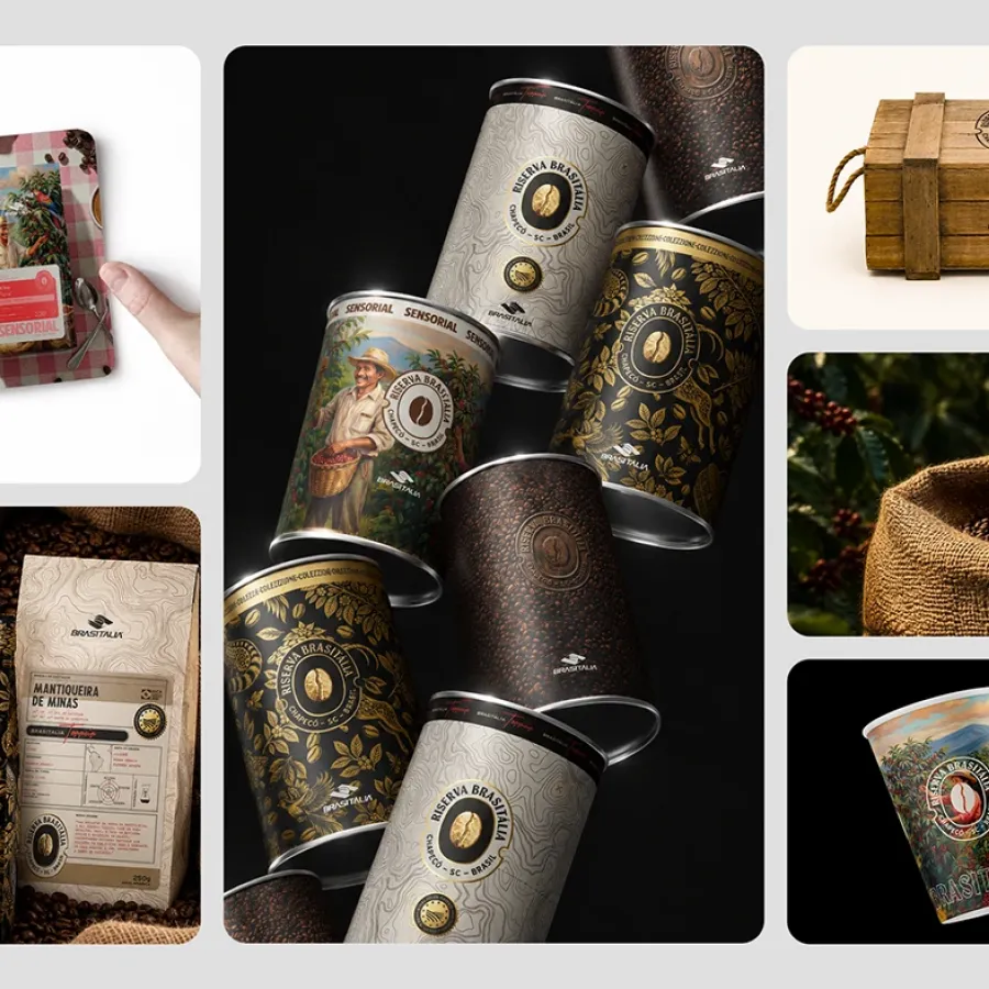 Riserva Brasitália coffee packaging suite by Pablo Eduardo Frandoloso and Chaminé Branding