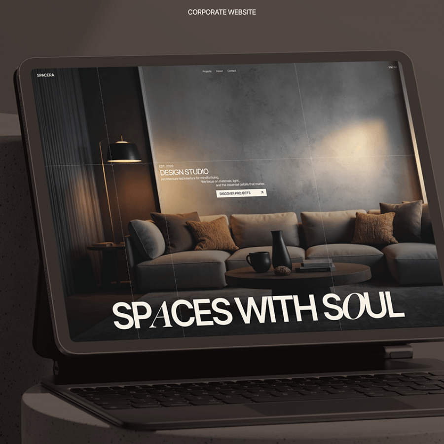 SPACERA branding hero layout mockup