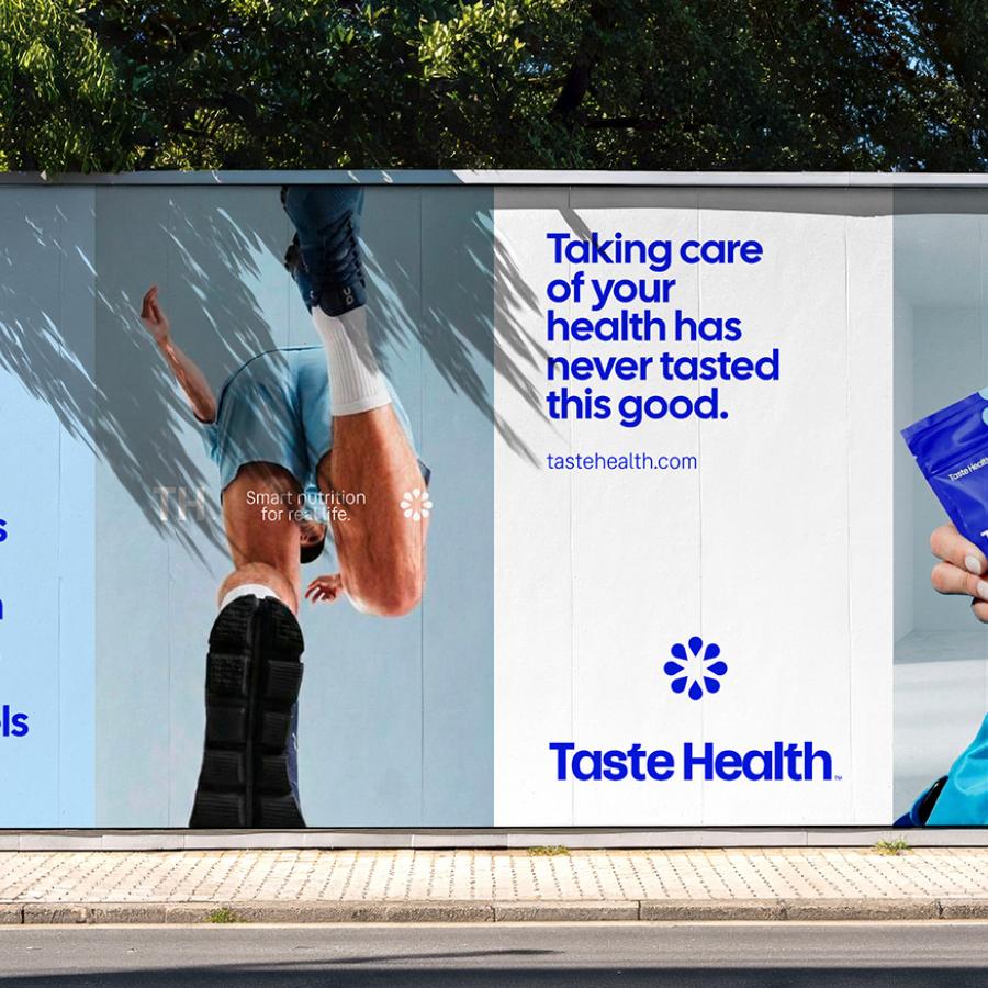 Taste Health branding billboard poster and nutrition packaging