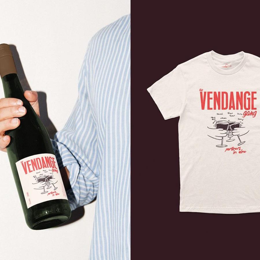 The Vendange Gang natural wine branding bottle label and t-shirt apparel mockup