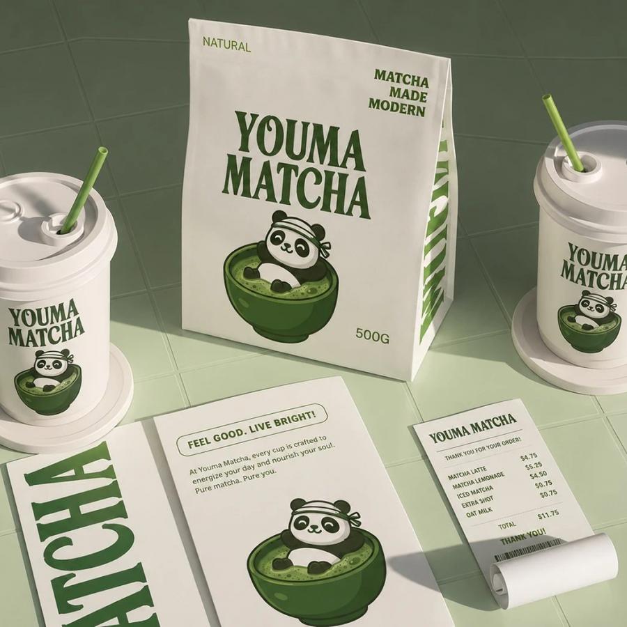 Youma Matcha branding and packaging flat-lay suite by Jaweriya Hashmat